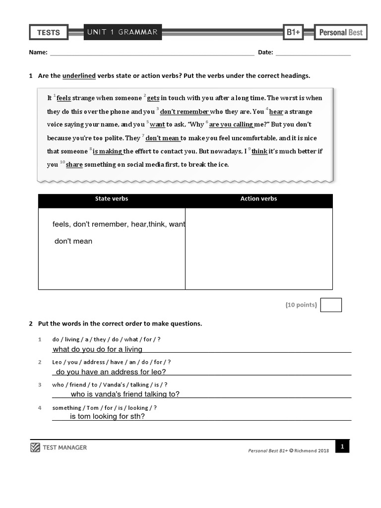 Personal Best B1 Unit 1 Grammar Test PDF | PDF