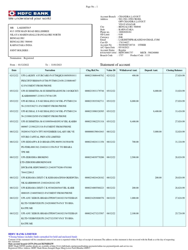 HDFC Chandra Layout Account Statement | PDF | Bangalore | Payments