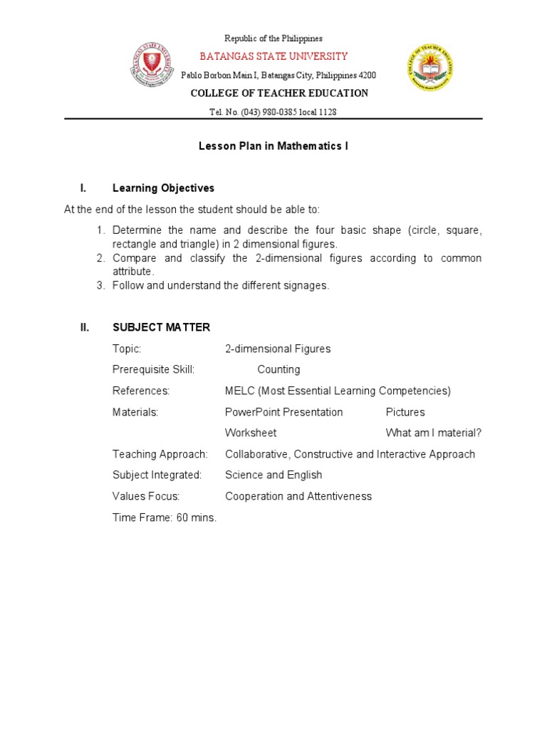 Lesson Plan in Mathematics I | PDF | Teachers | Lesson Plan