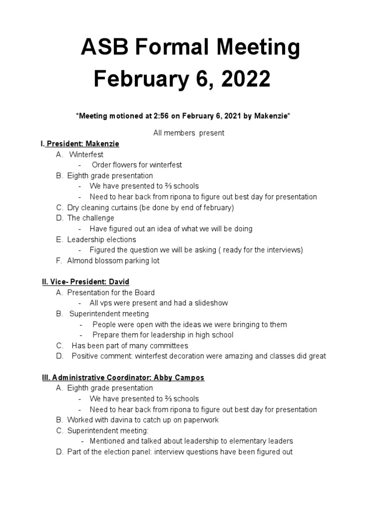 ASB Meeting Minutes - February 2022 | PDF