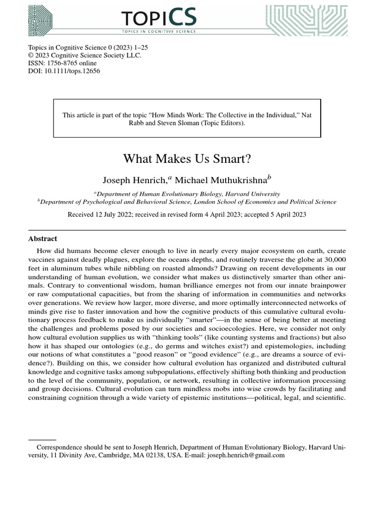 Topics in cognitive science 2023 henrich what makes us smart pdf
