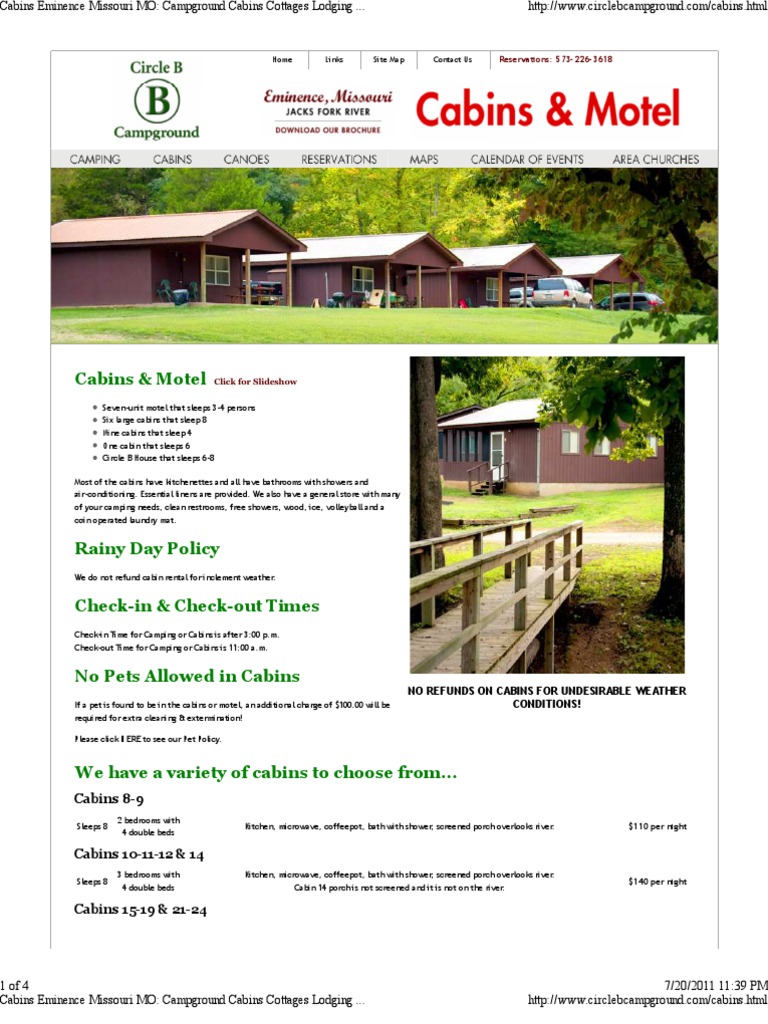 Cabins Motel Reservations 573 226 3618 Campsite Camping