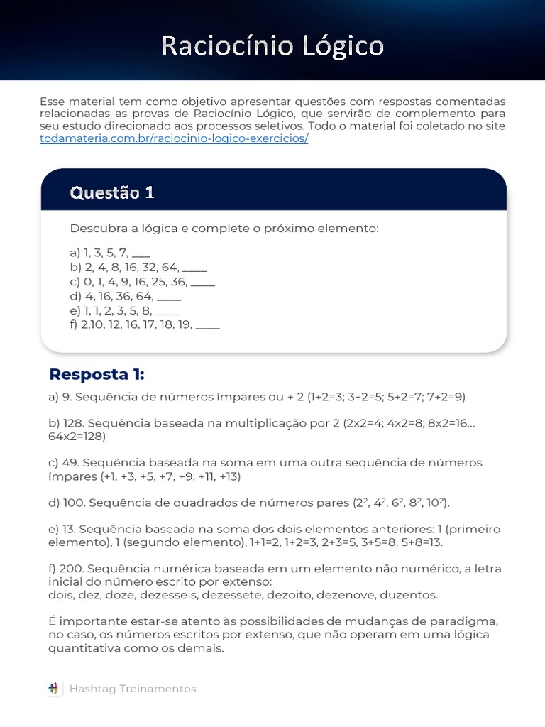 Questões de Raciocínio Lógico com Respostas | PDF | Métodos e Materiais ...