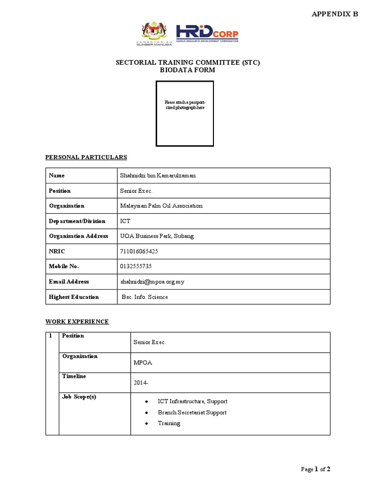 STC Biodata Form for Shahnidzi Kamarulzaman | PDF