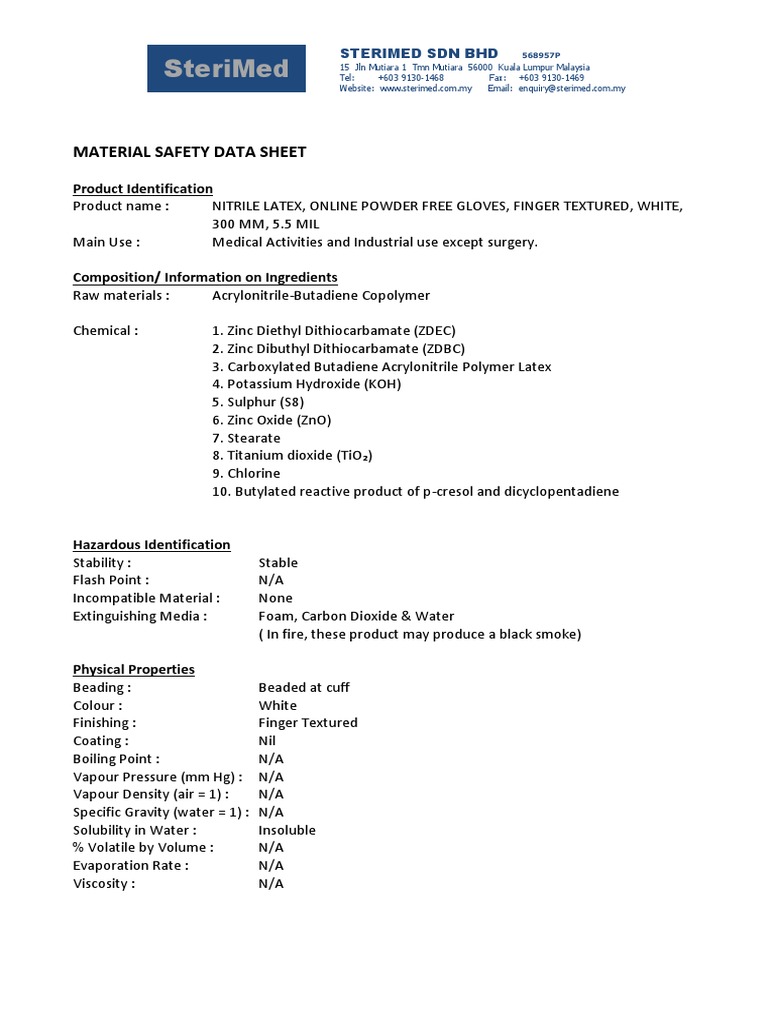 MsdsNitrile Latex, Online Powder Free Gloves, Finger Textured, White