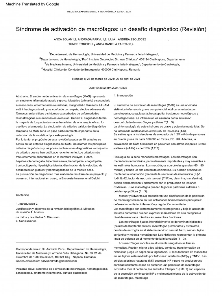 Sindrome de Activación Macrofágica Criterios Diagnósticos 2021 PDF