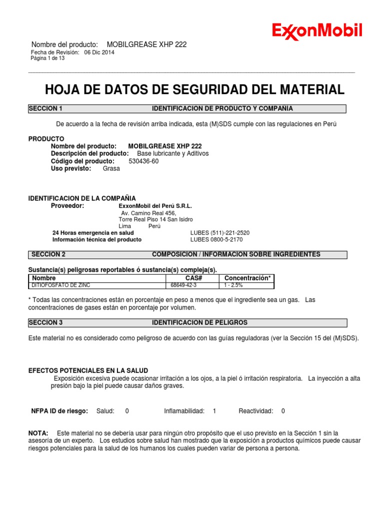 Msds Mobilgrease XHP 222 PDF