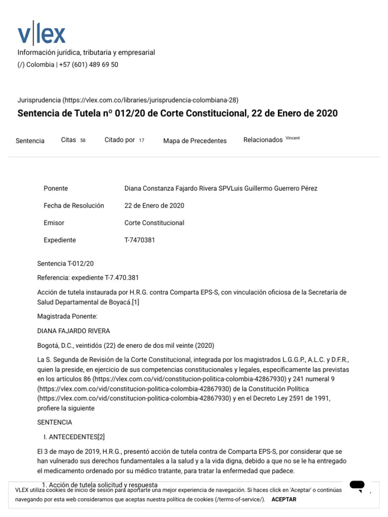 Sentencia de Tutela Nº 012 - 20 de Corte Constitucional, 22 de Enero de
