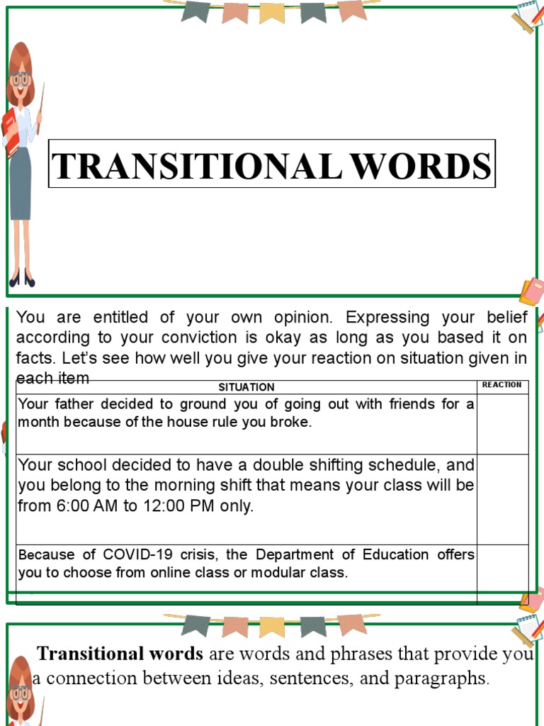 Transitional Words and Their Uses | PDF | Language Arts & Discipline ...