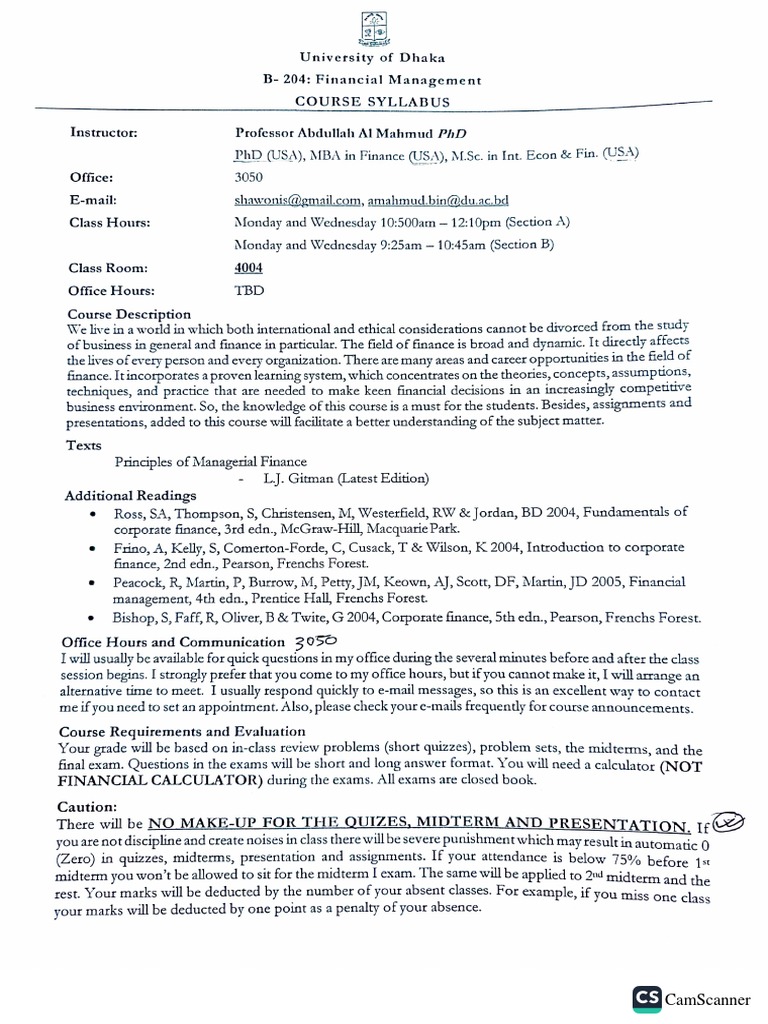 Financial Management Course Outline PDF