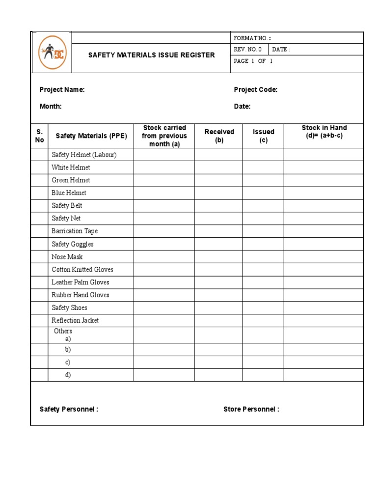 HSE Safety Materials Issue Register PDF