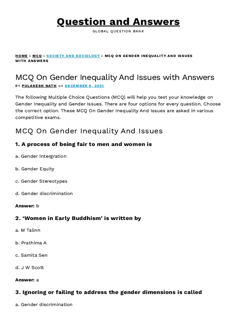 Mcq on gender inequality and issues with answers question and answers