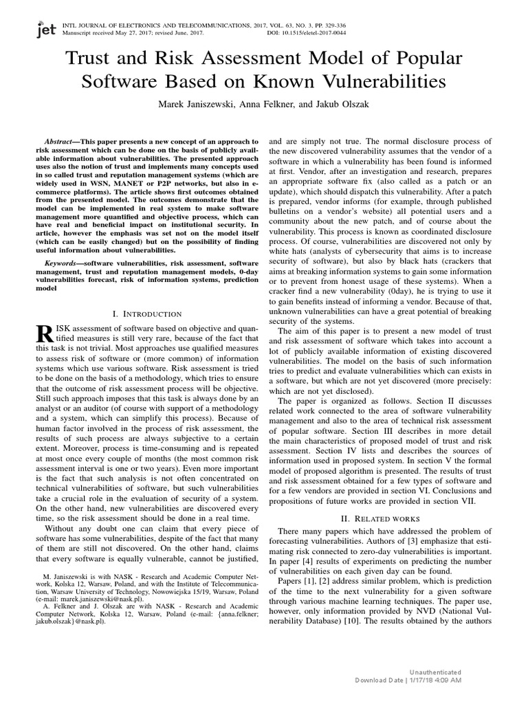 Trust and risk assessment model of popular software based on known
