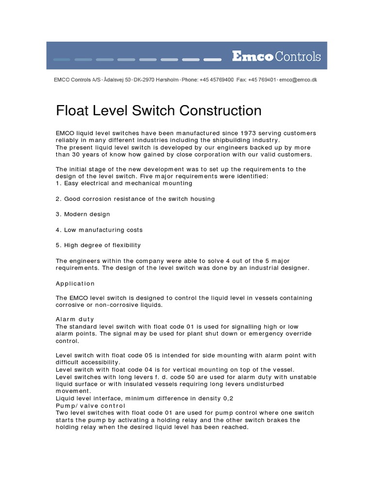 EMCO Float Level Switch Overview | PDF