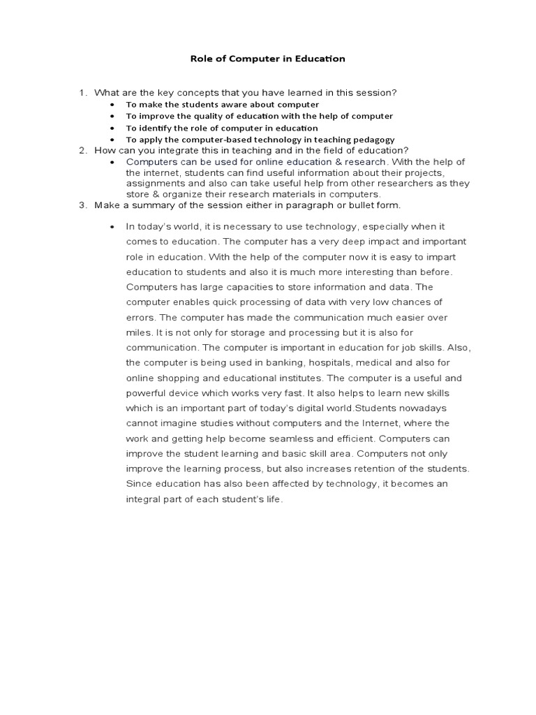 Role Of Computer In Education Pdf Notes