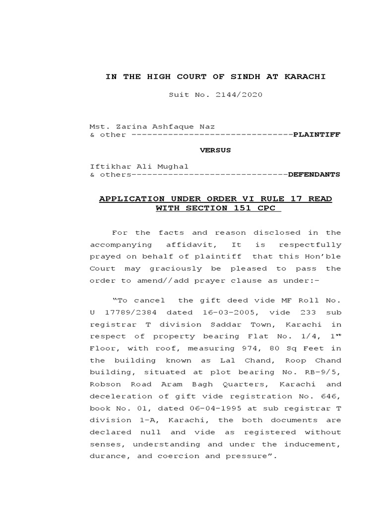 App under order vi 06 rule 17 read with section 151 cpc of asif qureshi