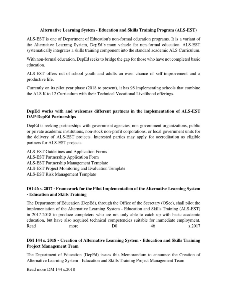 Alternative Learning System Overview | PDF