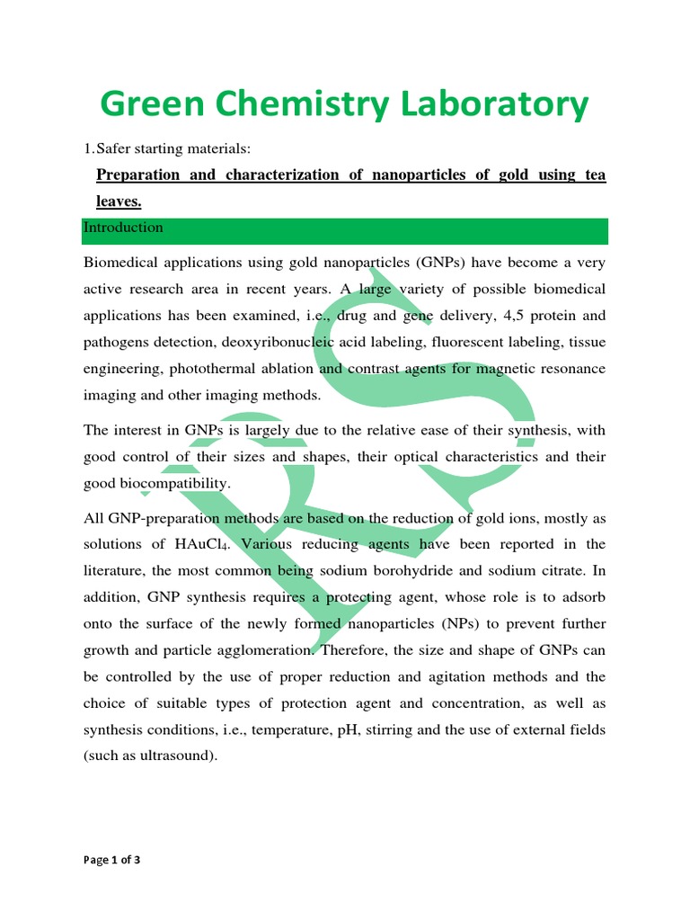 1. Green Chemistry Laboratory PDF Nanoparticle Chemistry