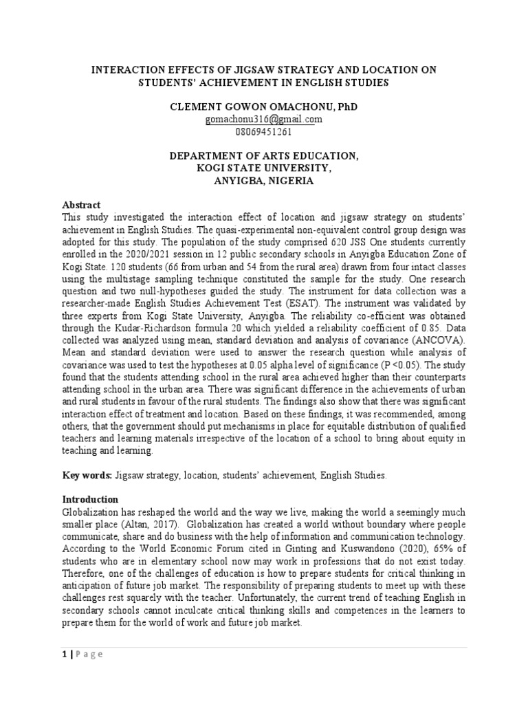 Interaction Effects of Jigsaw Strategy and Location On Students