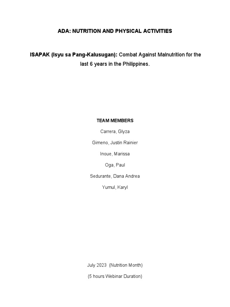 Ada Nutrition and Physical Activities PDF Malnutrition Poverty