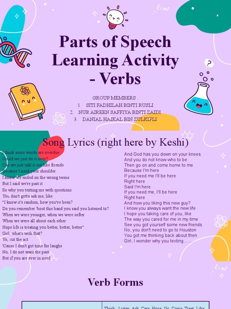 Parts of speech learning activity verbs pdf