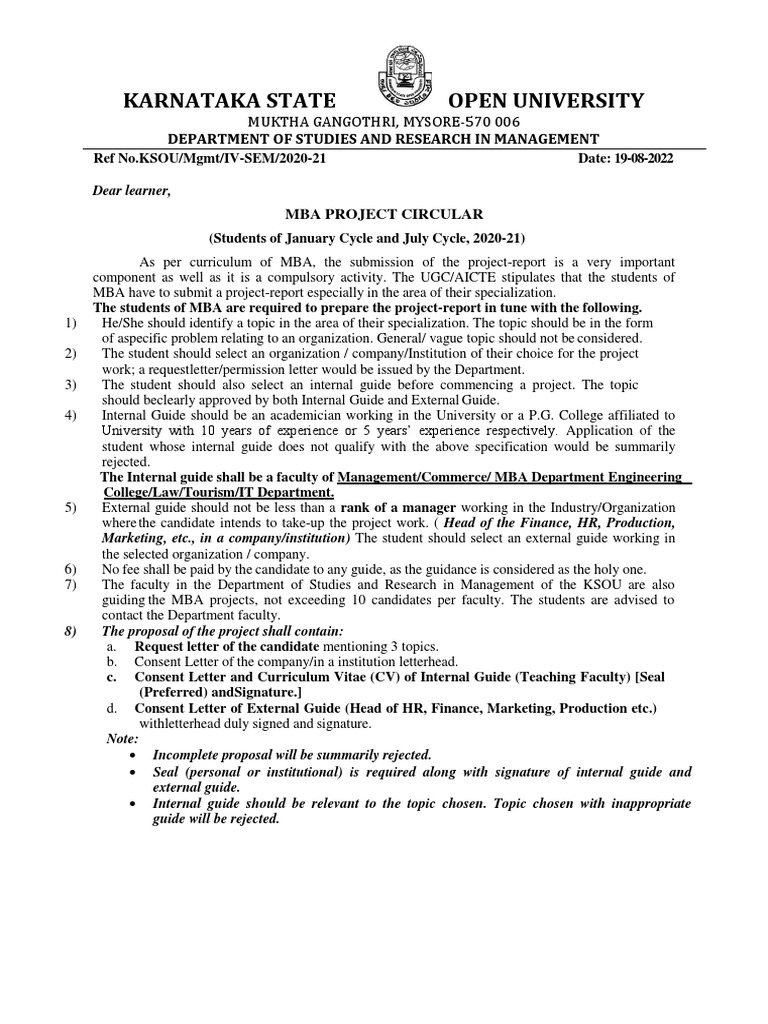 MBA Project Guidelines for KSOU Students | PDF