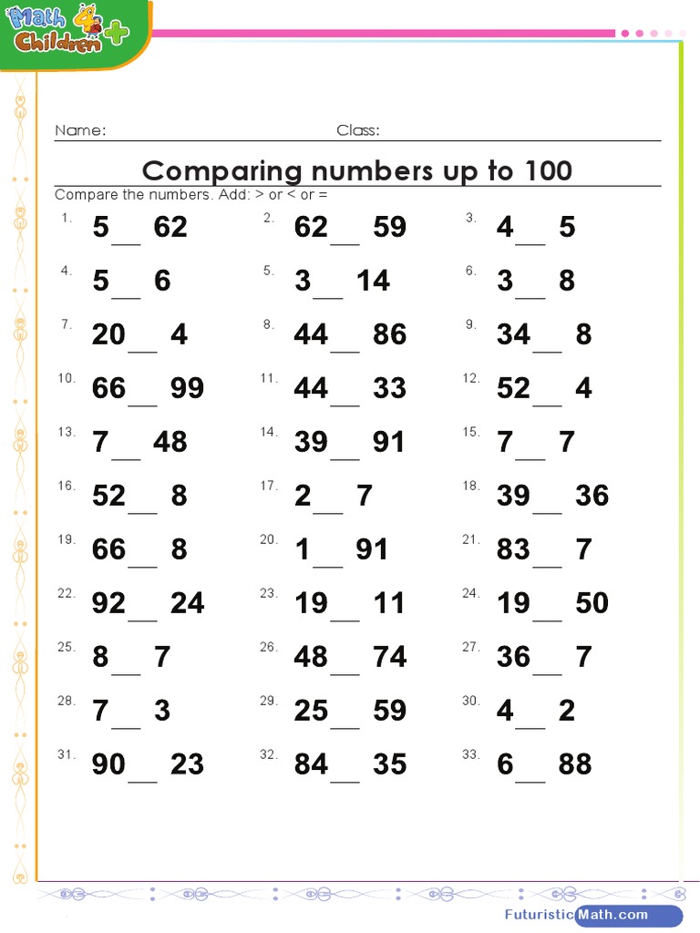 Comparing Numbers Up To 100 Worksheet | PDF