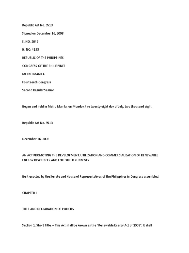 The Renewable Energy Act Of 2008 Promoting Renewable Energy