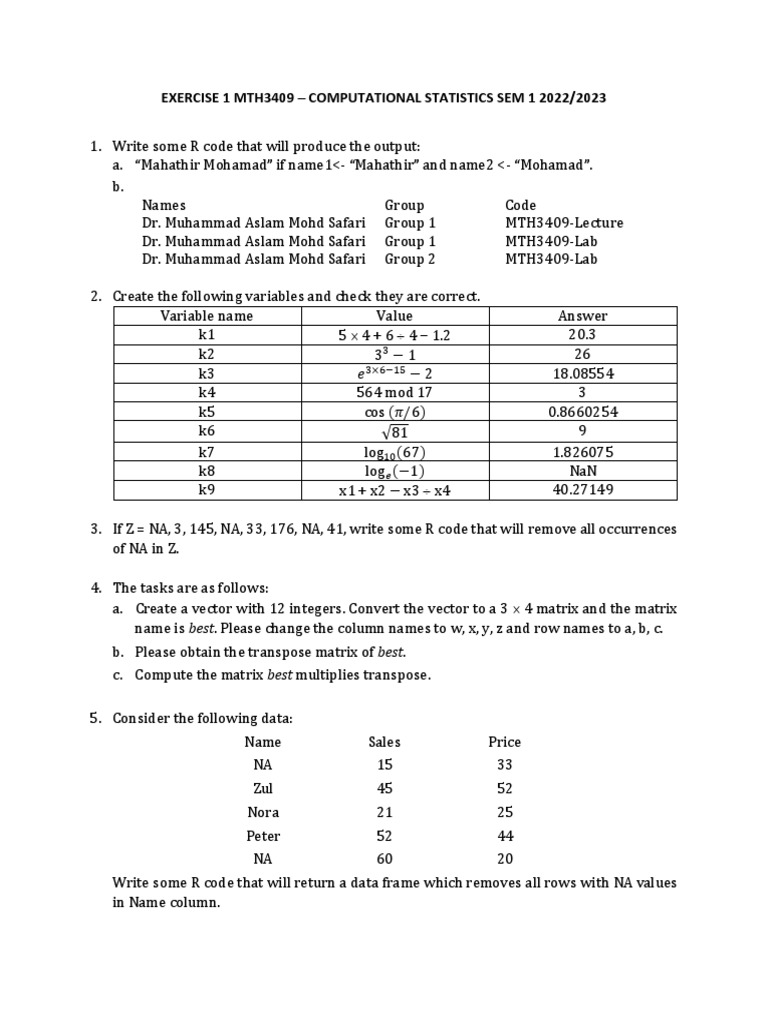 R Programming Exercises for MTH3409 | PDF | Science & Mathematics