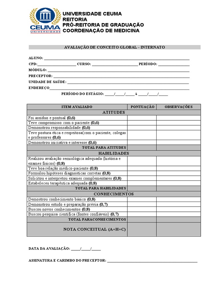 Ficha de Avaliação Internato - 2021 | PDF