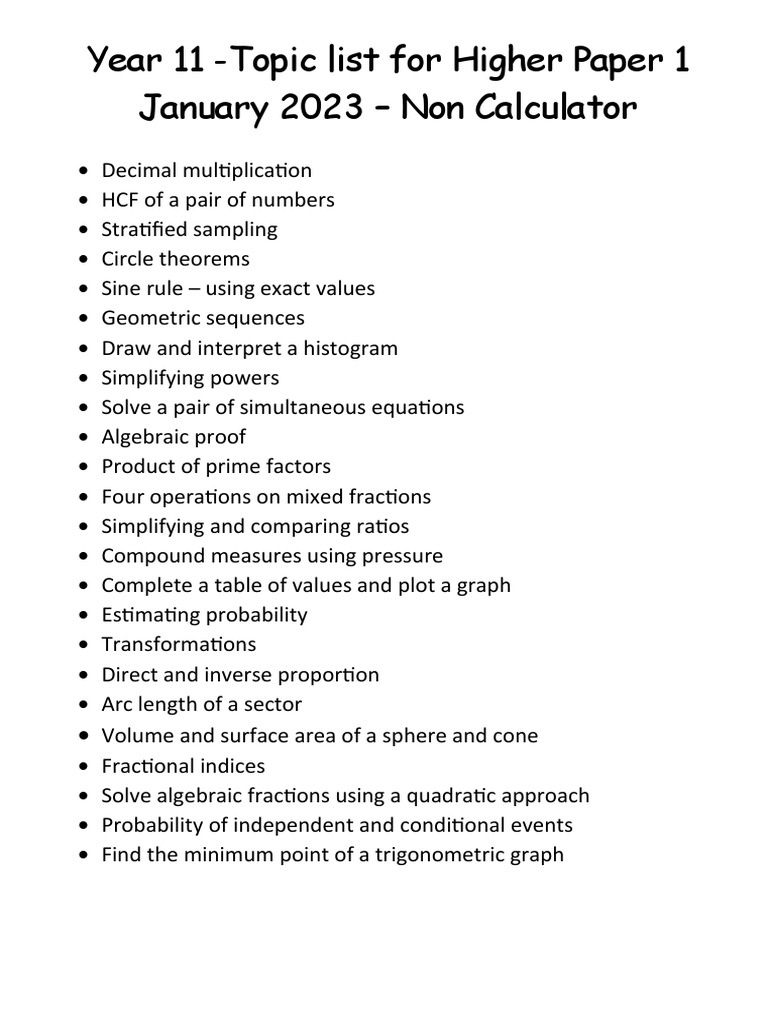 Topic List For Higher Paper 1 | PDF