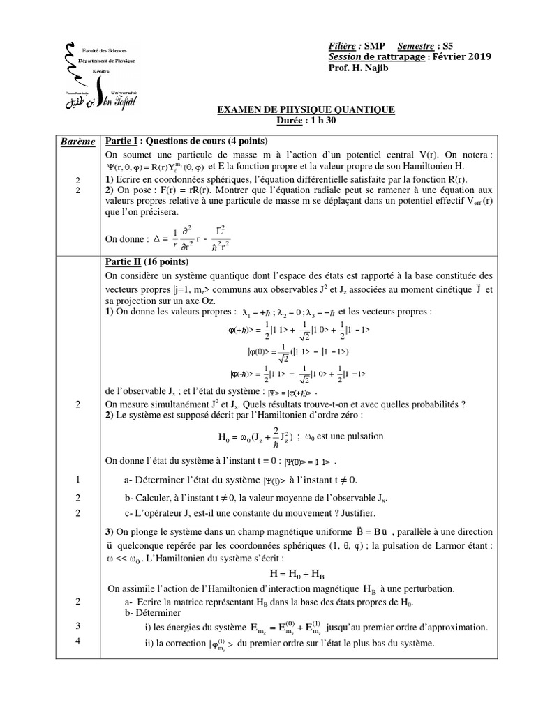 Examen de Physique Quantique S5 Février 2019 | PDF | Valeur propre ...