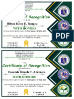 Zamboanga del Norte National High School student honor certificate
