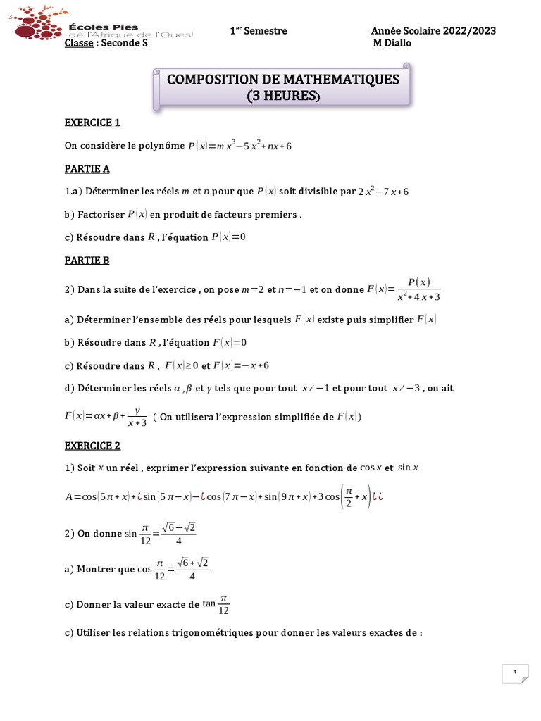 Composition de Maths Seconde S 2022/2023 | PDF