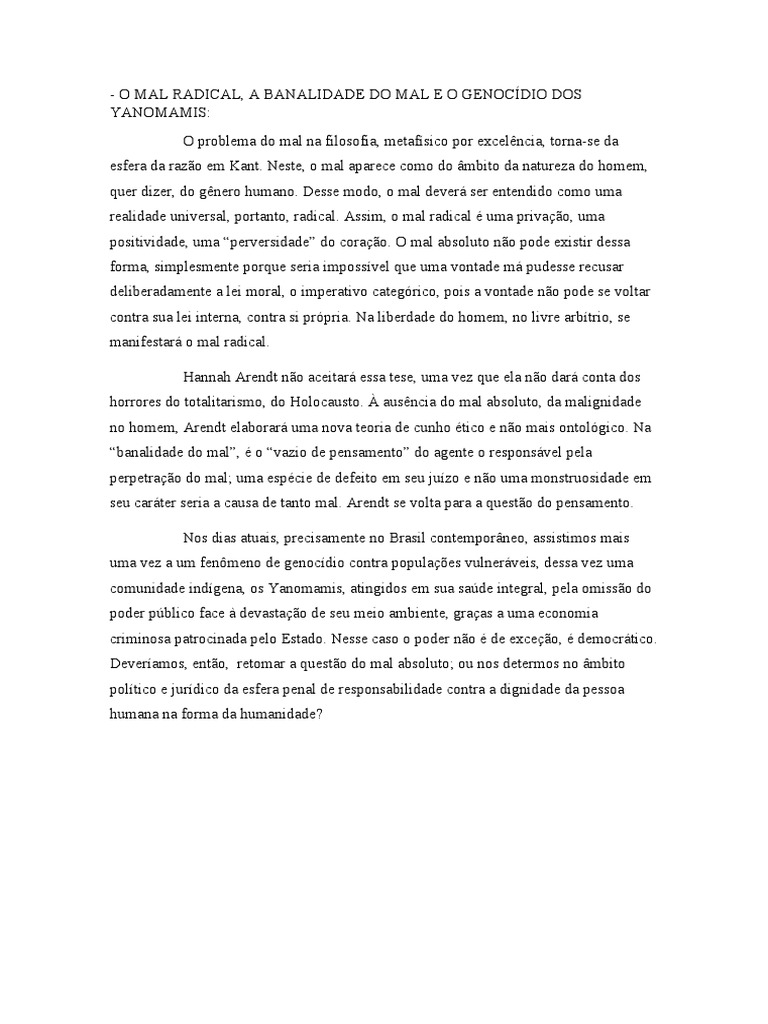 RESUMO O Mal Radical, A Banalidade Do Mal e o Genocídio Dos Yanomamis PDF