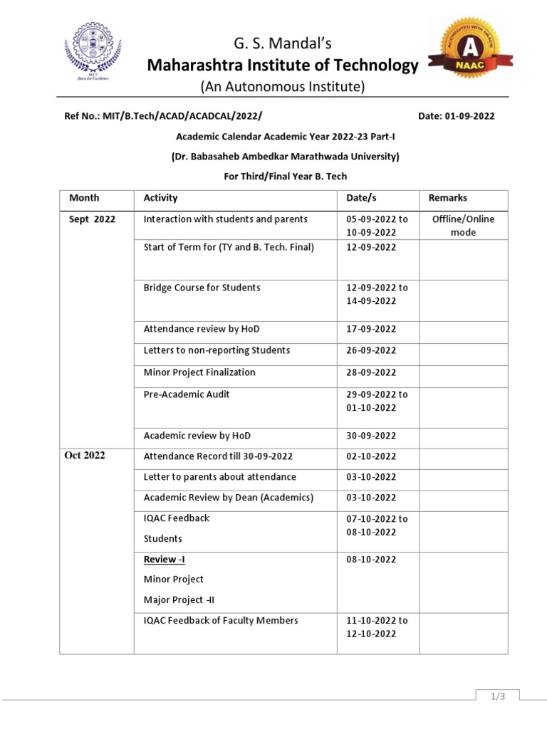 Academic Calendar Academic Year 2022-23_ B. Tech Higher Classes - BAMU