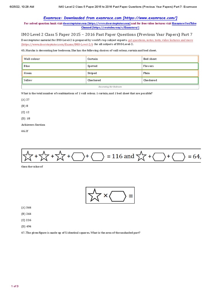 IMO Level 2 Class 5 Past Paper Q&A | PDF