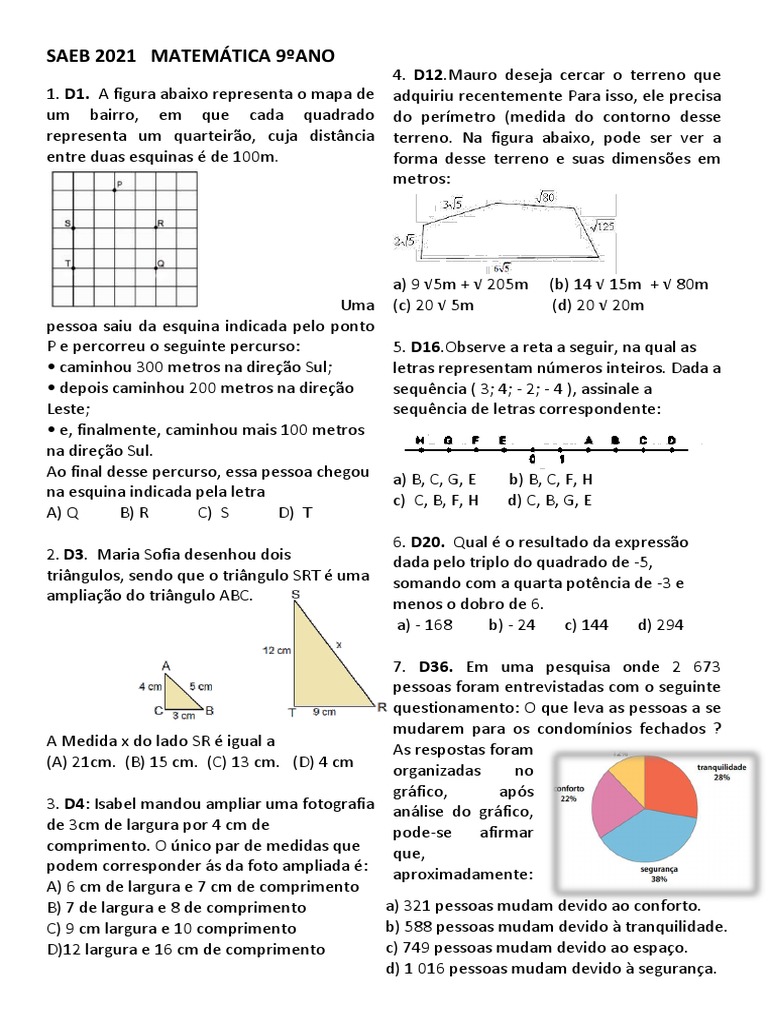 Provas e Questões SAEB 9º Ano Matemática | PDF