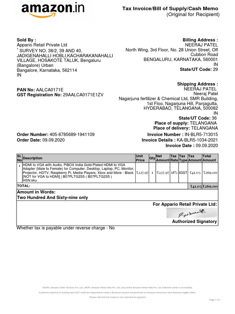 Amazon GST Invoice for HDMI Adapter | PDF | Invoice | Economies