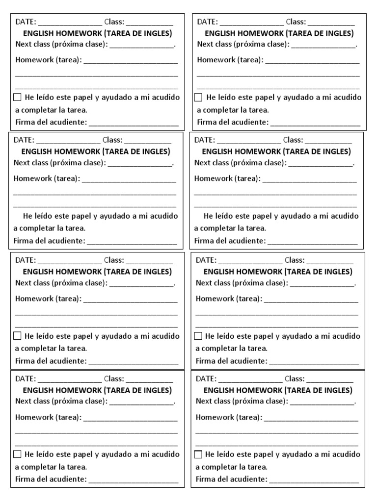 English Homework Slip | PDF