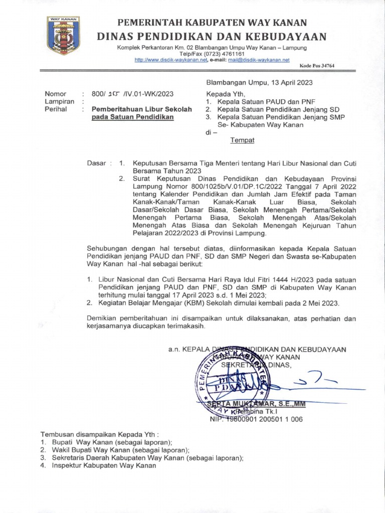 Pemberitahuan Libur Sekolah Pada Satuan Pendidikan Pdf