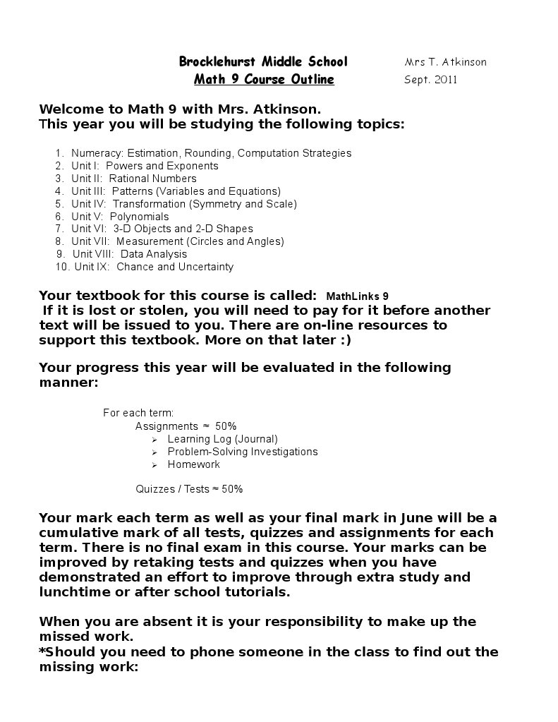 Math 9 Course Outline by Mrs. Atkinson | PDF | Homework | Cognition
