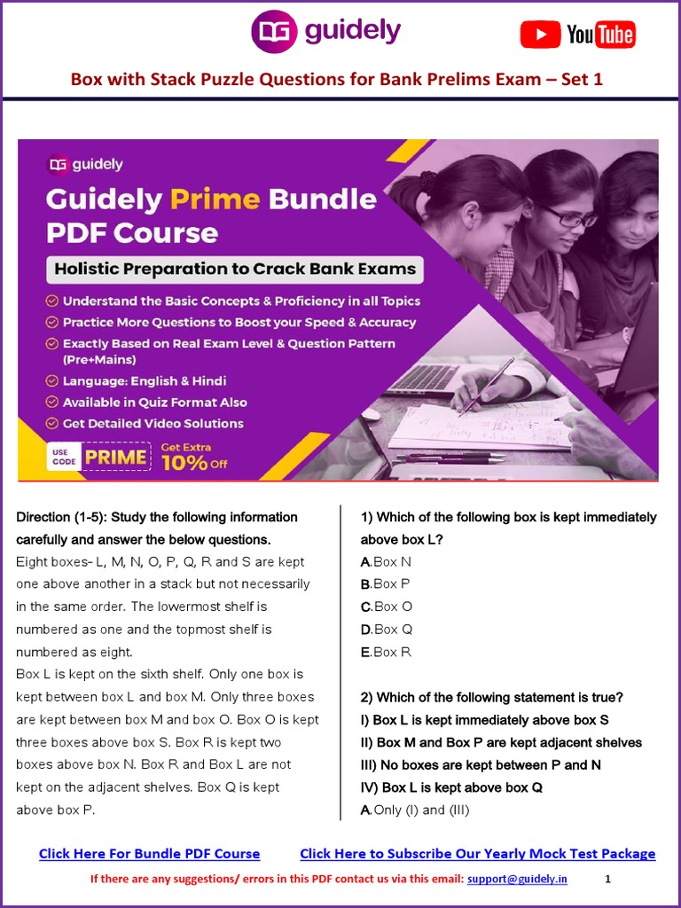 Box With Stack Based Puzzle Free PDF For Bank Prelims Exam Set 1