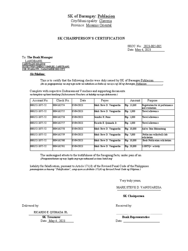SKCC Disbursement Voucher Certification | PDF