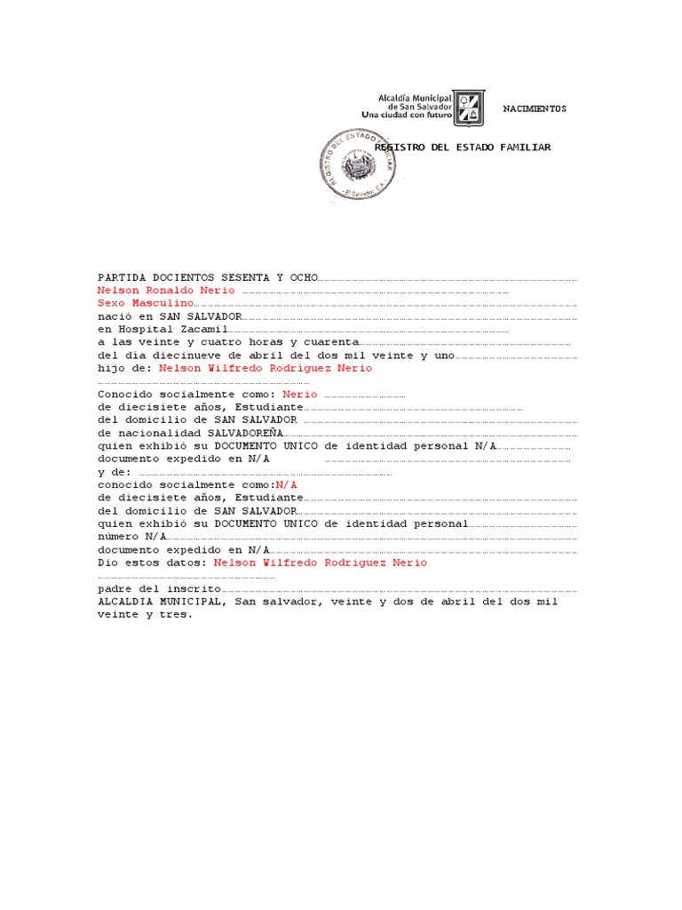 Ejemplo de Partida de Nacimiento NN | PDF