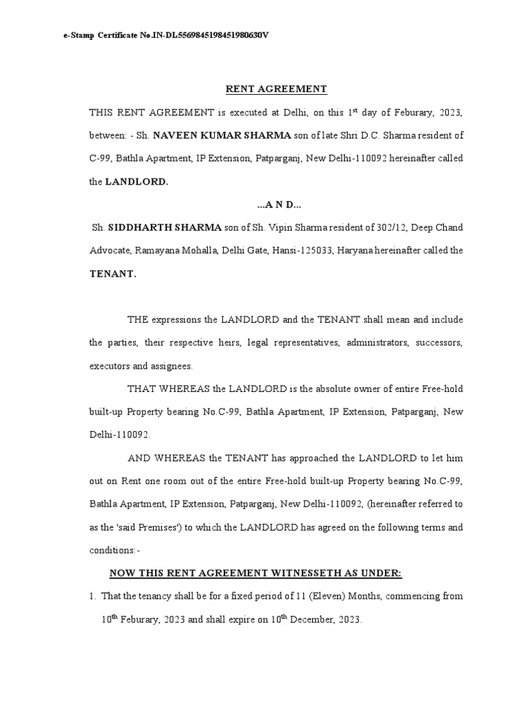 11-Month Rent Agreement Template | PDF