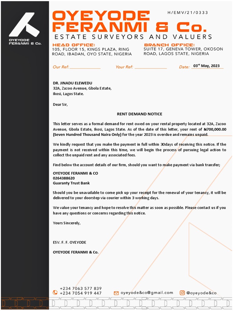 Rent Demand Notice for Overdue Payment | PDF | Law
