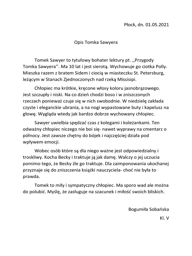 List Do Tomka Sawyera Czy Mógłby Zostać Moim Przyjacielem Opis Tomka Sawyera | PDF