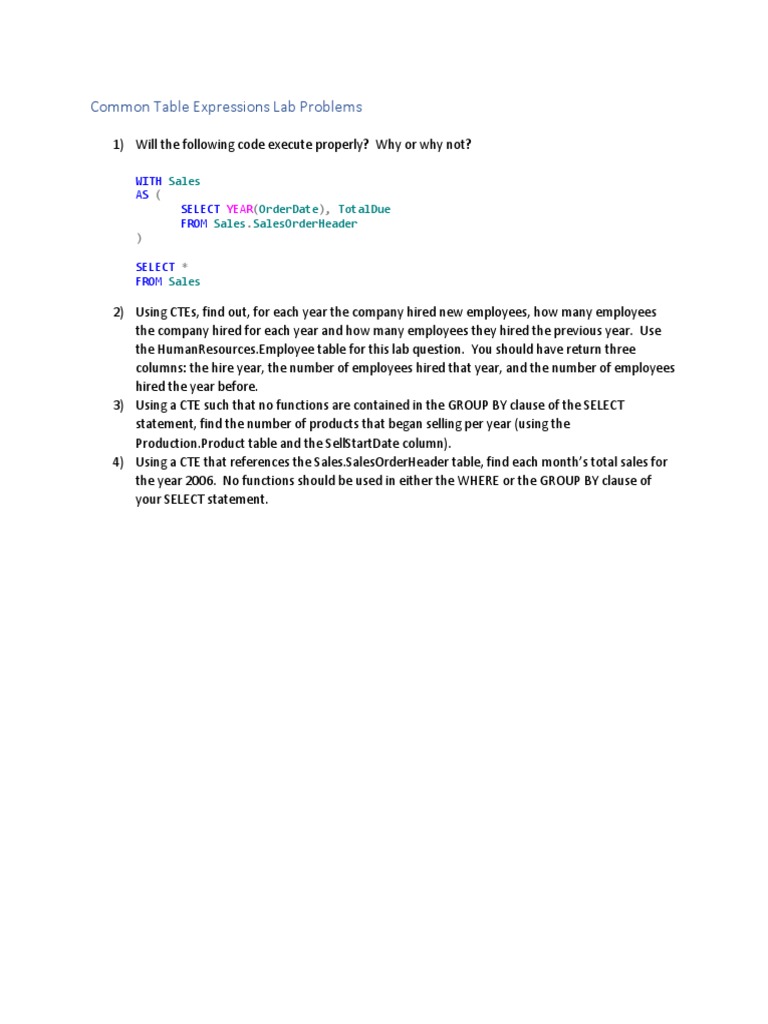 Common Table Expressions Lab Problems | PDF