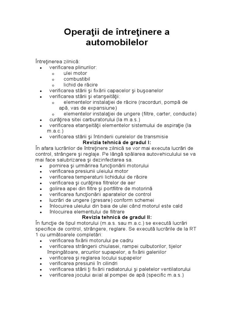 Operatii de Intretinere A Automobilelor | PDF
